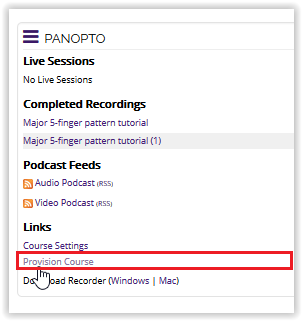 panopto block: provision this course button selected