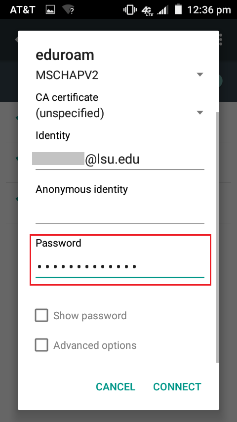 Entering PAWS password in the wifi settings