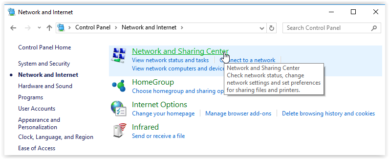 network and sharing center button in the control panel