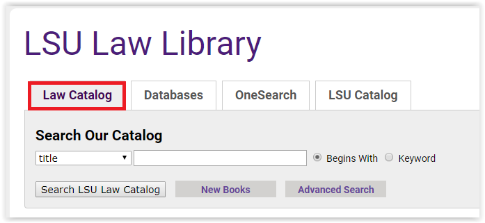 the catalog tab in LSU law library