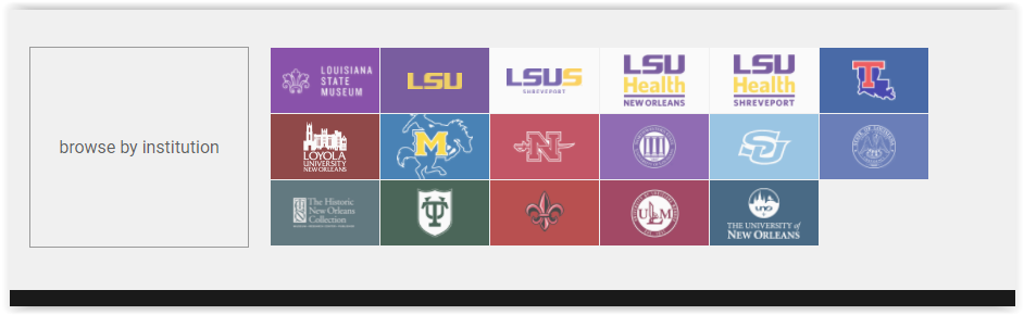 Institutions highlighted at the left hand side of the Louisiana Digital Library site.