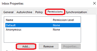 Inbox Properties window with the Add button highlighted