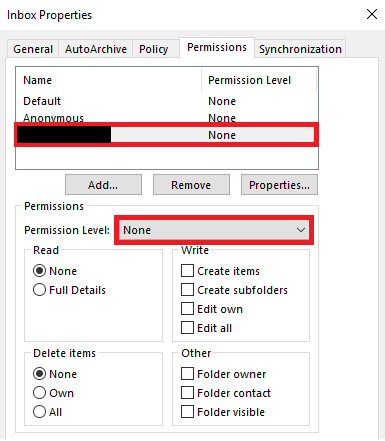 Inbox properties permissions tab with person's name and permission level drop-down menu highlighted