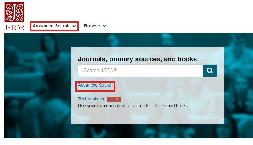 JSTOR Homepage, advanced search selected