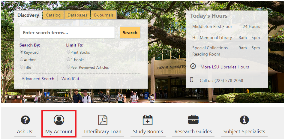 The My Account button on the LSU libraries home page