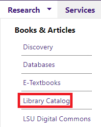 the research tab with library catalog highlighted