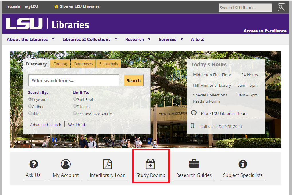 LSU Libraries main page, study rooms highlighted