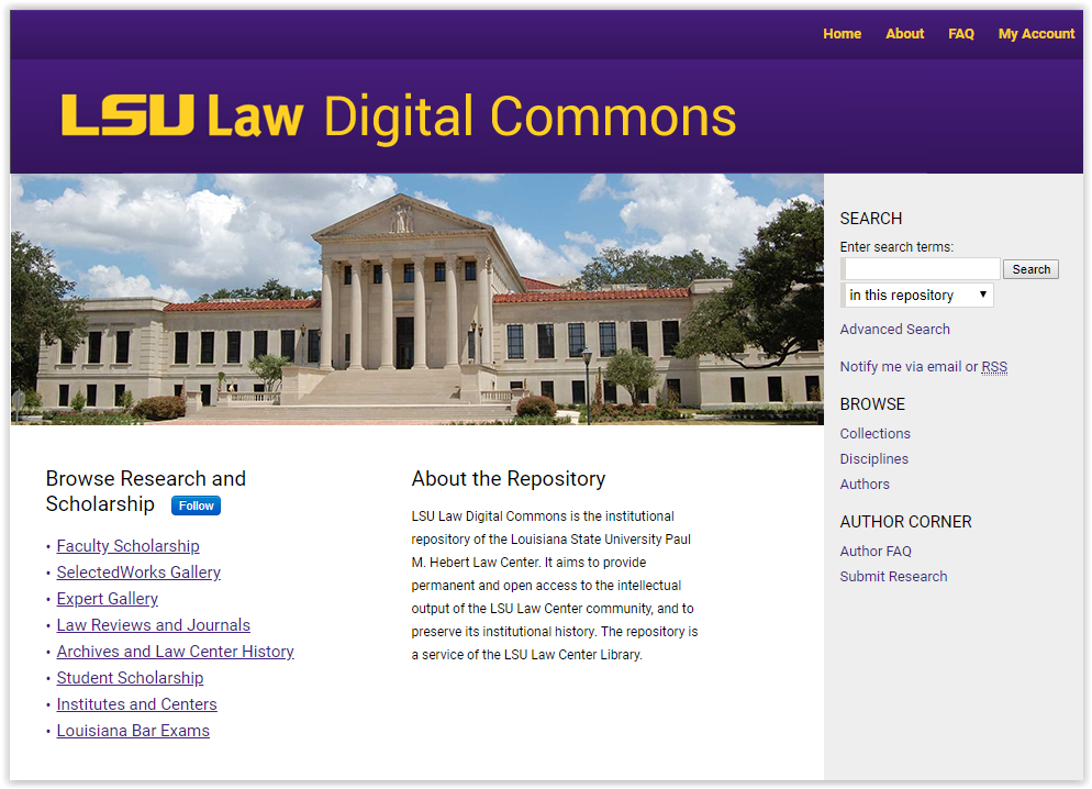 DigitalCommons site for LSU Law Libraries screen.