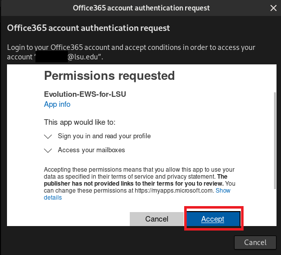 Accept permissions prompt to use Evolution