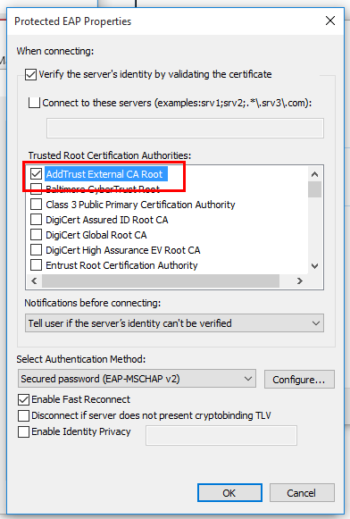 Settings window with add trust certificate selected