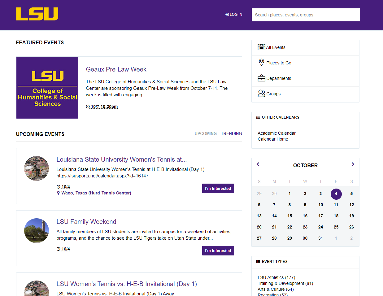  LSU Calendar web page