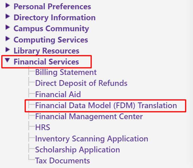 Financial Services dropdown showing Financial Data Model (FDM) Translation tab