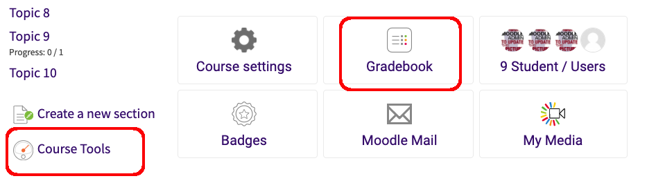 Course Tools page with Gradebook icon highlighted