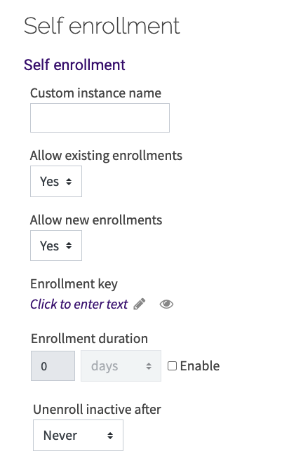 Self Enrollment configuration menu