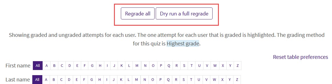 Quiz regrade all or dry run full regrade