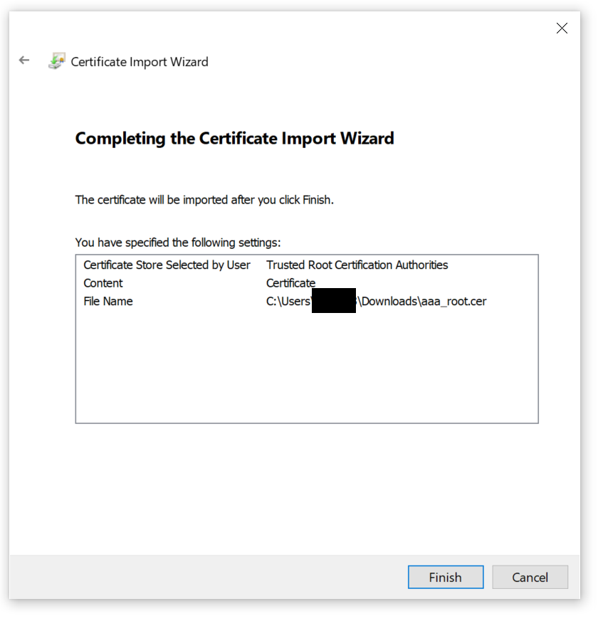 Completing the certificate import wizard