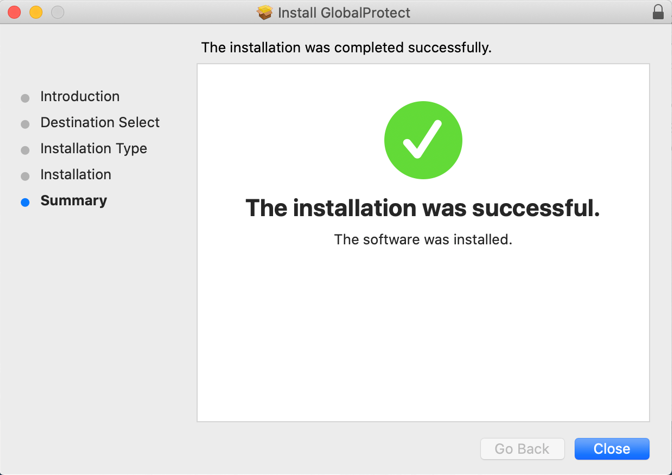 Close button on "The installation was successful." screen