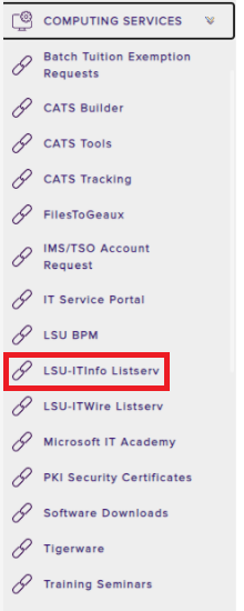 LSU-ITinfo LISTSERV link in the Computing Services tab