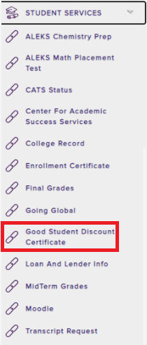 Good Student Discount Certificate option at the left hand side of the screen