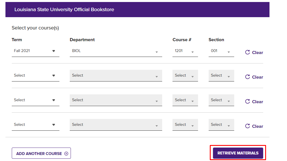 Retrieve materials button on LSU bookstore page