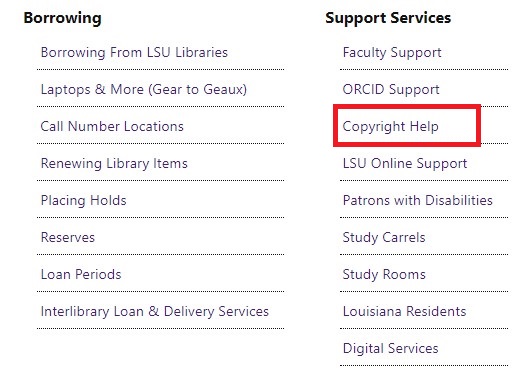 Copyright help selection on LSU library homescreen boxed