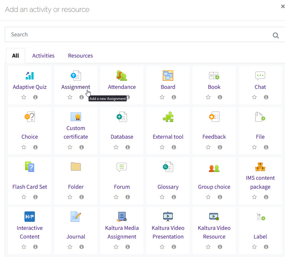 Activity and resource menu showing available activities