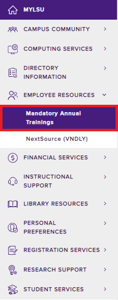 myLSU Portal mandatory annual training tab under employee resources