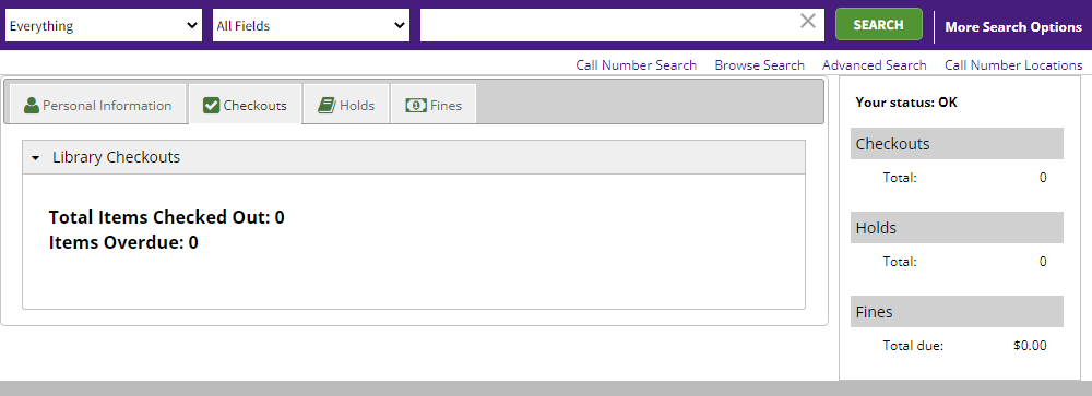 Personal information and checkouts tab on LSU libraries catalog
