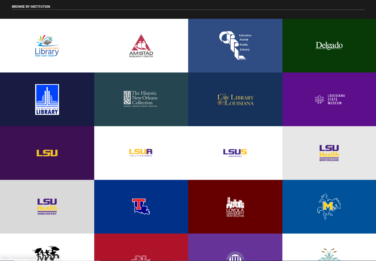 Institution options for browsing Louisiana Digital Library collections
