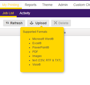 Upload button with supported formats list shown