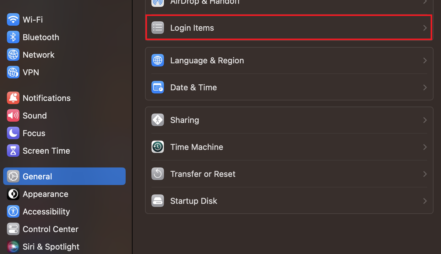 Login Items setting under general settings boxed.