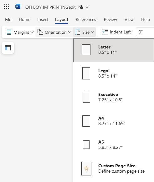 Word document page layout size settings