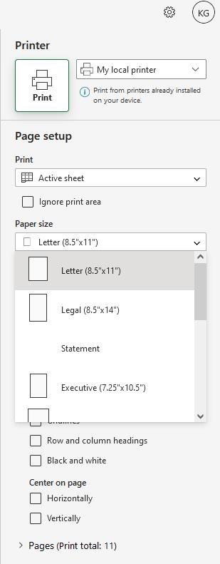 Paper size selection for Excel file exporting