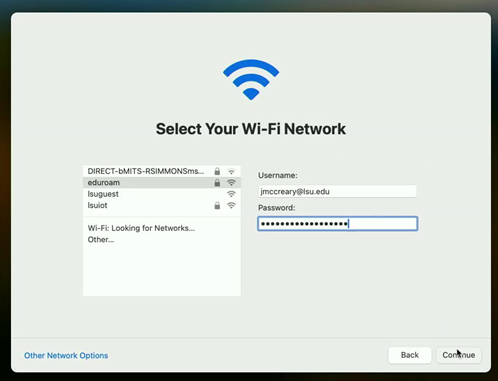 entering mylsu email and credentials for eduroam