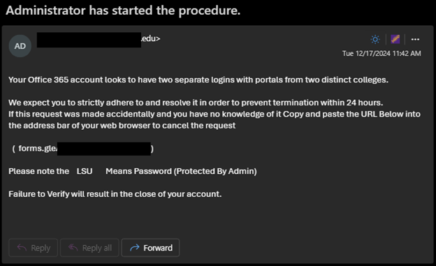 An email titled "Administrator has started the procedure" threatening to deactive a user's account for having "two separate logins with portals from two distinct colleges." 