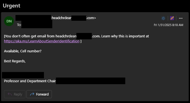 An email titled "urgent" asking "Available, cell number?". The message is signed with the name and title of an impersonated department chair.