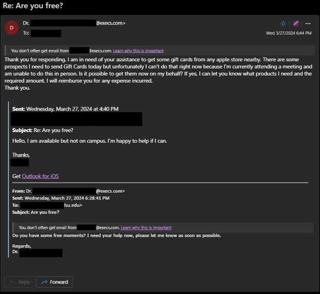 A message thread with subject "Re: Are you free?" A user responded to an impersonated request; the attacker asks "...get some gift cards from any apple store right now" 