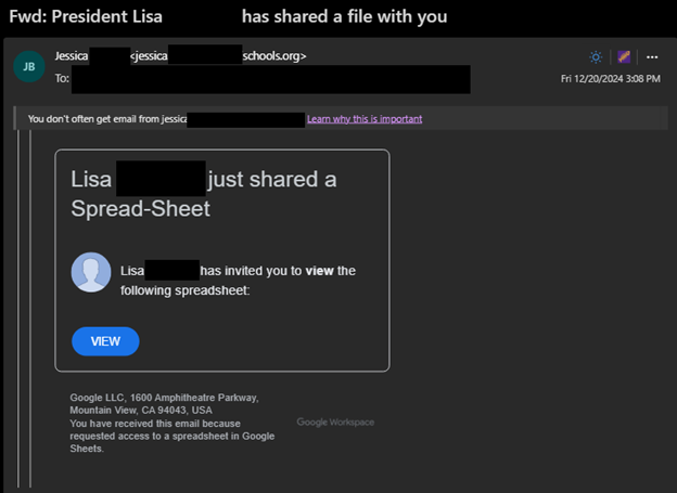 An email titled "Fwd: President Lisa has shared a file with you." The message is from a user named Jessica. The message contains a link to a google doc. 