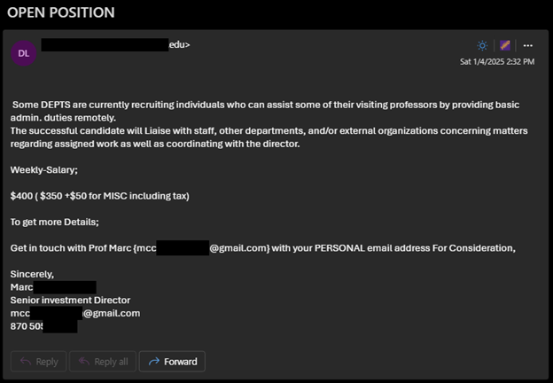 A compromised edu user is sending a fake job scam claiming to be a professor seeking an administrative assistant. The message directs users to contact a separate gmail address.
