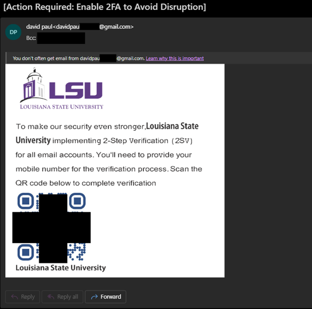 An email titled "Action Required: Enable 2FA to Avoid Disruption." The email contains and image and a QR code instructing the user to scan the code to complete MFA setup.