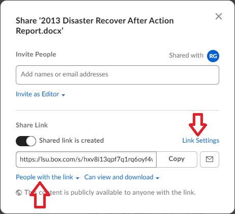 Link settings section highlighted