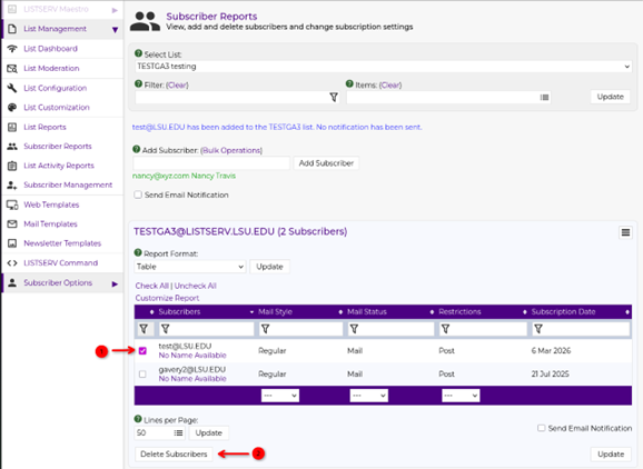 check box and delete subscriber button