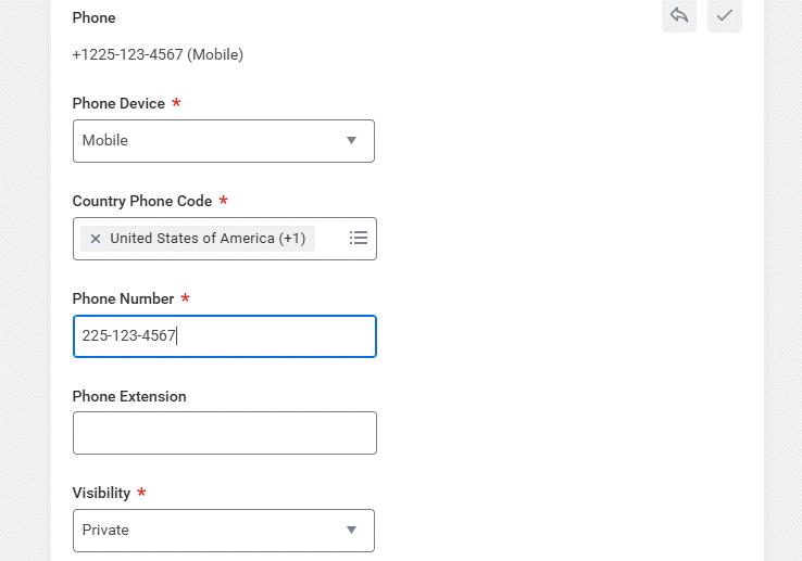 Workday contact information update page. 